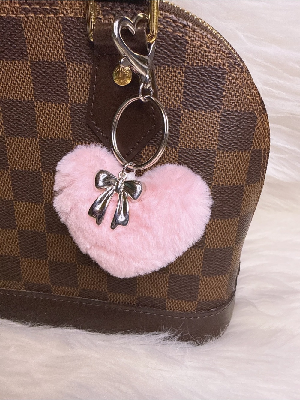 Pink Heart Fur Keychain with Silver Bow Charm